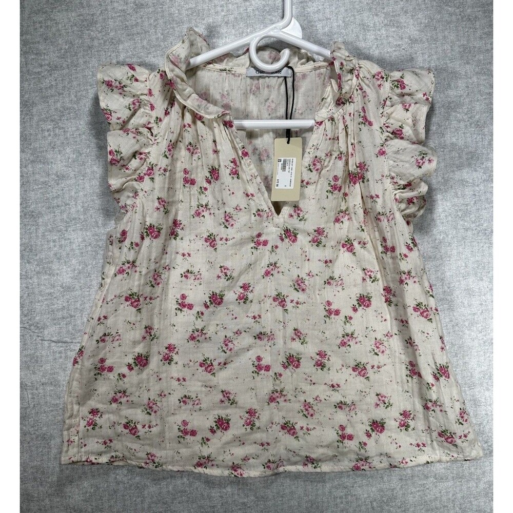 NWT Gab And Kate Mixology Ruffle Cap Sleeve Floral Split V-Neck Crop Top Blouse